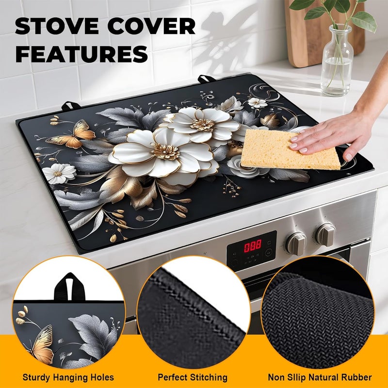 BVBOX White flower Stove Top Cover Retro Flower Gas Stove Top Cover for Home Decoration Kitchen Pad Non-Stick Washable Cooktop Covers Countertop Protector Keep Stove Clean 28"x20" - Image 2